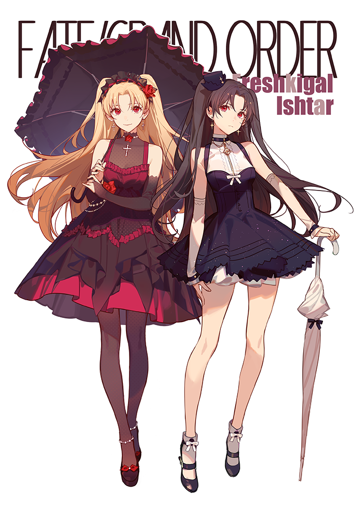 2girls ask_(askzy) bangs bare_shoulders bell black_footwear black_gloves black_hair blonde_hair blush breasts bridal_gauntlets brown_dress brown_legwear character_name choker cross cross_earrings detached_sleeves dress earrings ereshkigal_(fate/grand_order) fate/grand_order fate_(series) full_body gloves hair_ribbon hat headdress high_heels holding holding_umbrella hoop_earrings ishtar_(fate/grand_order) jewelry long_hair looking_at_viewer mary_janes mini_hat multiple_girls necklace parted_bangs purple_dress red_dress red_eyes ribbon shoes simple_background smile star star_earrings thigh-highs thighs two_side_up umbrella white_background