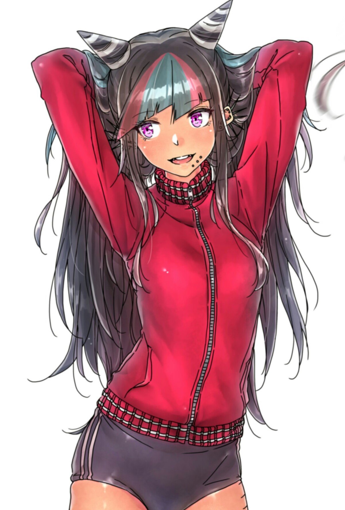 1girl bangs black_hair black_nails chin_piercing collarbone dangan_ronpa ear_piercing eyebrows_visible_through_hair floating_hair grin highlights highres jewelry long_hair looking_at_viewer mioda_69ch mioda_ibuki multicolored_hair nail_polish necklace outstretched_arm piercing pink_eyes ring shiny shiny_hair shirt short_sleeves simple_background smile solo super_dangan_ronpa_2 tied_hair upper_body very_long_hair white_background white_shirt