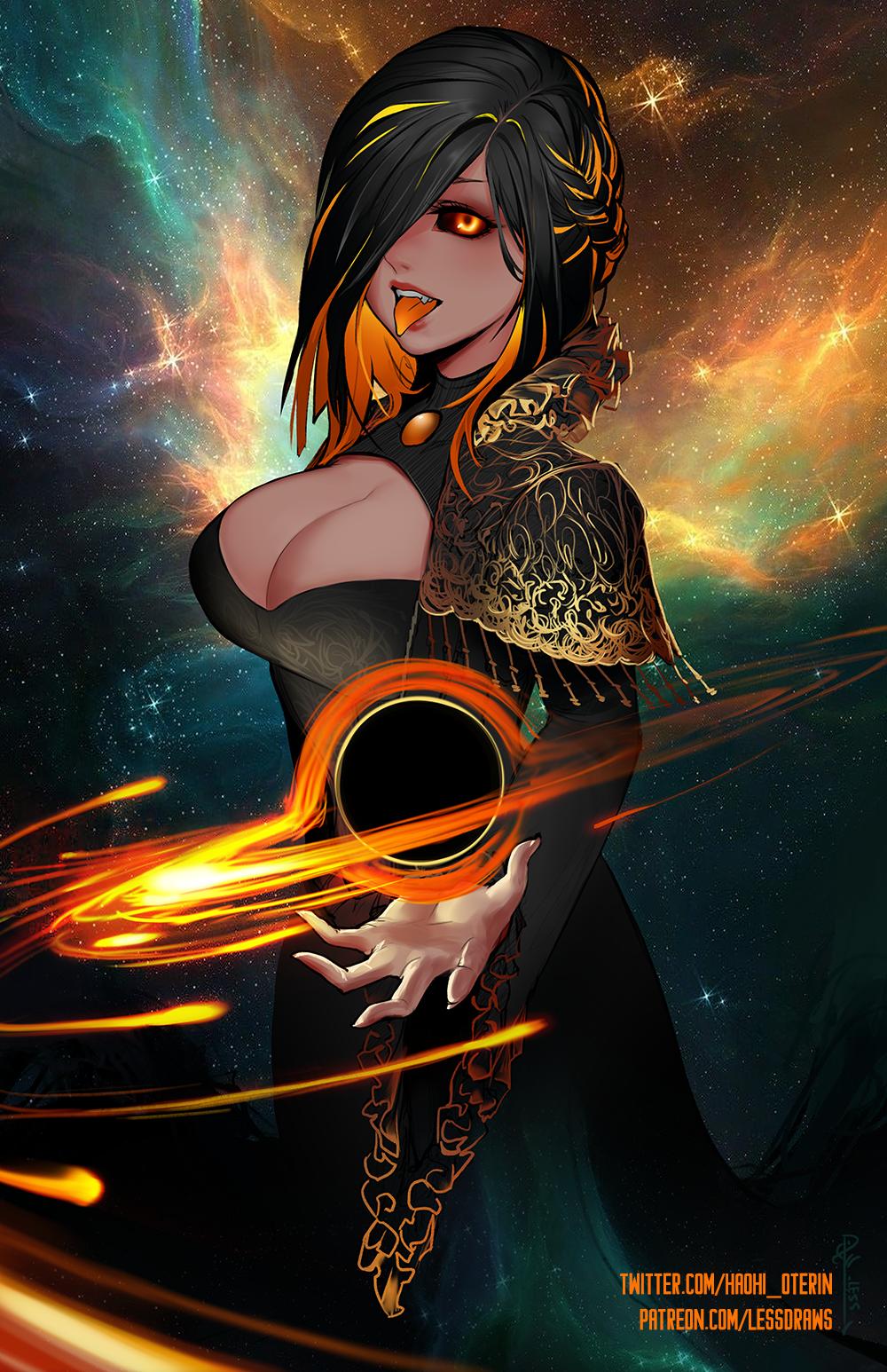 1girl black_dress black_hair black_hole black_sclera braid breasts commentary dress english_commentary fangs frilled_sleeves frills hair_over_one_eye highres jpeg_artifacts large_breasts less long_hair long_sleeves looking_at_viewer m87_black_hole multicolored_hair open_mouth orange_eyes orange_hair orange_tongue outstretched_hand personification real_life solo space teeth tongue tongue_out two-tone_hair watermark web_address wide_sleeves