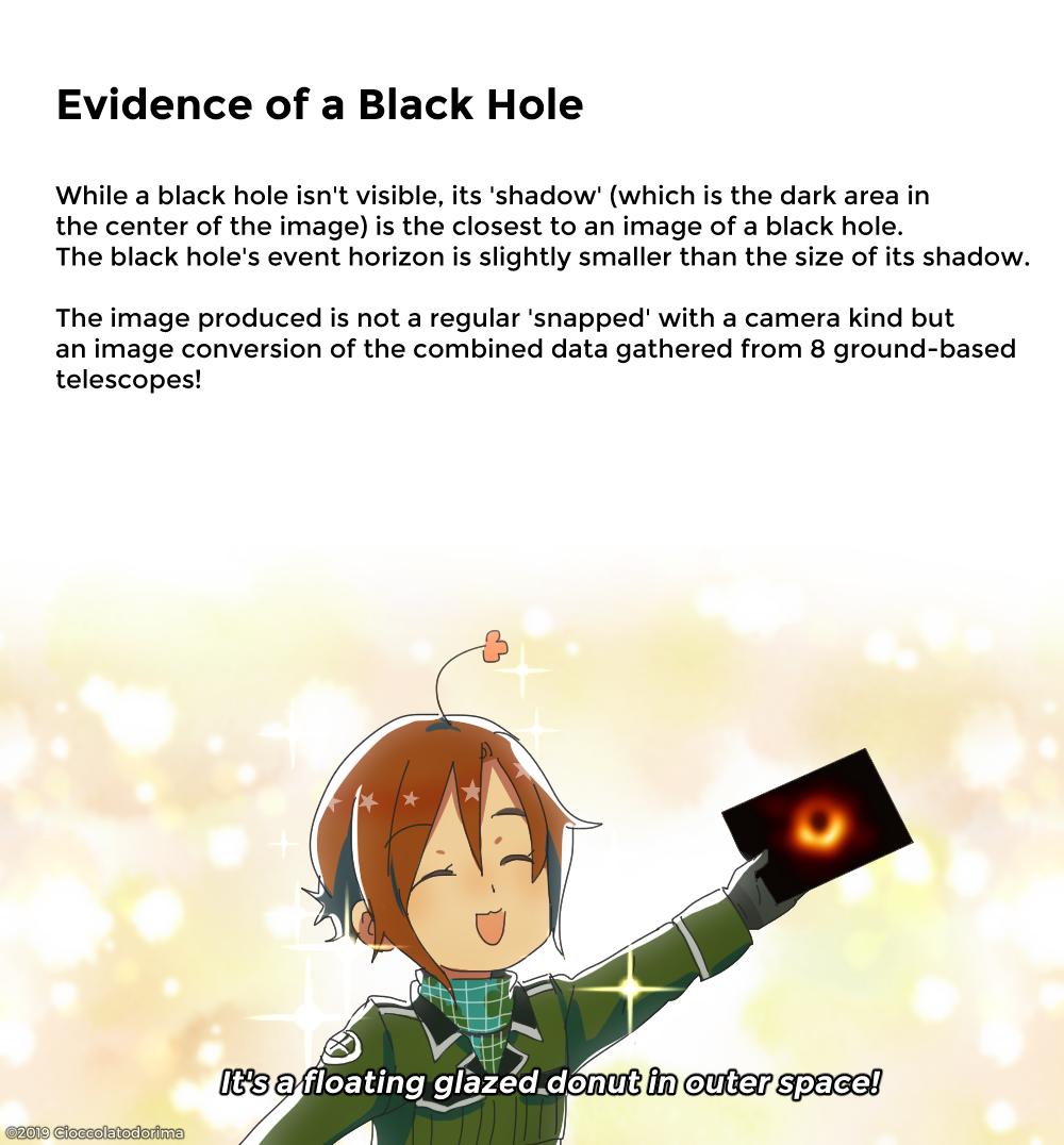 1other ahoge black_gloves black_hole brown_hair closed_eyes english_text gloves m87_black_hole open_mouth original photo_(object) planetary_moe rosel-d short_hair smile sparkle turtleneck