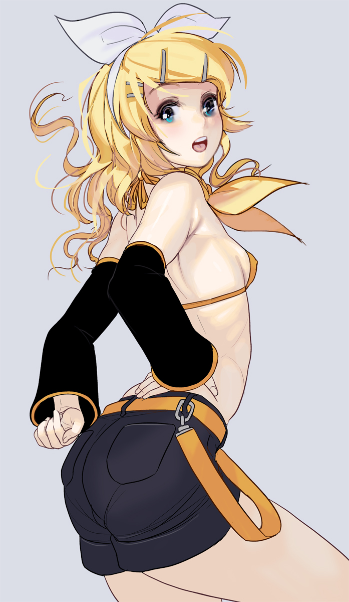 1girl :d alternate_hair_length alternate_hairstyle ass bare_shoulders belt bikini blonde_hair blue_eyes blush breasts cowboy_shot detached_sleeves hair_ornament hairband highres kagamine_rin long_hair masao midriff open_mouth revision shorts sideboob small_breasts smile solo striped striped_bikini swimsuit vocaloid white_background