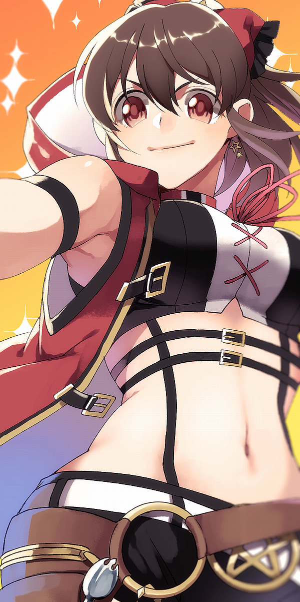1girl akizuki_hakuto arm_strap black_shorts bow breasts brown_hair cape crop_top earrings floating_hair frilled_bow frills from_below hair_between_eyes hair_bow highres hooded hori_yuuko idolmaster idolmaster_cinderella_girls jewelry long_hair looking_at_viewer medium_breasts midriff navel neck_ribbon red_bow red_cape red_eyes red_ribbon ribbon shiny shiny_hair short_shorts shorts sleeves smile solo standing stomach suspenders v-shaped_eyebrows