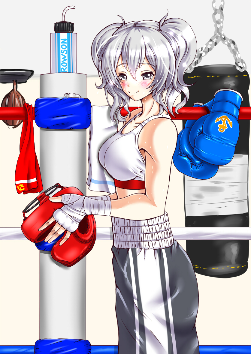 1girl bottle boxing boxing_gloves boxing_headgear boxing_ring boxing_shorts gloves kantai_collection kashima_(kantai_collection) long_hair navel punching_bag rigid rigidsteed shorts solo sports_bra sweat twintails water_bottle wavy_hair