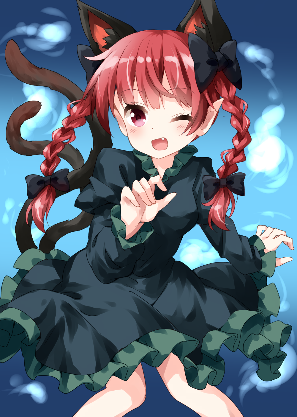 1girl ;d animal_ear_fluff animal_ears bangs black_bow blue_background blush bow braid cat_ears cat_tail claw_pose commentary_request dress eyebrows_visible_through_hair fang feet_out_of_frame gradient gradient_background green_dress hair_bow hand_up highres juliet_sleeves kaenbyou_rin long_sleeves looking_at_viewer multiple_tails nekomata one_eye_closed open_mouth pointy_ears puffy_sleeves red_eyes redhead ruu_(tksymkw) smile solo tail touhou twin_braids twintails two_tails