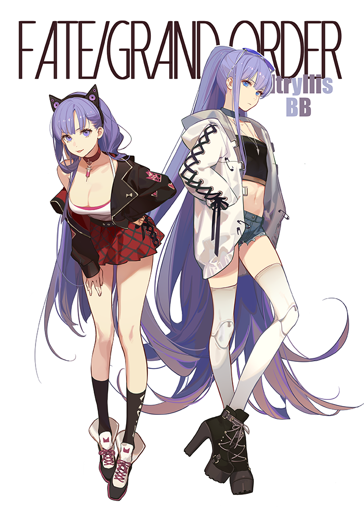 2girls :p ask_(askzy) bangs bb_(fate)_(all) black_jacket black_legwear blue_eyes boots breasts casual coat crop_top cross-laced_footwear denim denim_shorts eyebrows_visible_through_hair eyewear_on_head fate/grand_order fate_(series) hair_ribbon hairband hand_on_hip hand_on_own_thigh high_heel_boots high_heels hood hood_down hooded_coat jacket jewelry lace-up_boots large_breasts leaning_forward long_hair long_sleeves looking_at_viewer meltlilith multiple_girls navel necklace open_clothes open_coat open_jacket ponytail purple_hair red_skirt ribbon short_shorts shorts simple_background skirt small_breasts smile socks strapless sunglasses tinted_eyewear tongue tongue_out tubetop very_long_hair violet_eyes white_background white_coat white_legwear