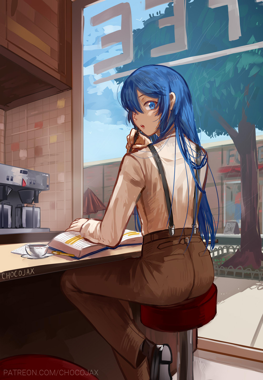 1girl alternate_costume artist_name black_footwear blue_eyes blue_hair book brown_pants cafe chocojax clouds cloudy_sky coffee_cup coffee_maker_(object) collared_shirt cup day disposable_cup eyebrows_visible_through_hair fire_emblem fire_emblem:_kakusei highres indoors long_hair long_sleeves looking_at_viewer looking_back lucina nintendo open_mouth pants patreon_username pen shirt shoes shop signature sitting sky solo stool suspenders symbol-shaped_pupils tree umbrella watermark web_address white_shirt window