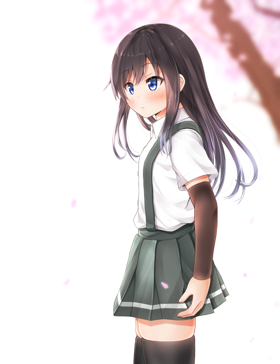 1girl arm_warmers asashio_(kantai_collection) black_hair black_legwear blue_eyes blurry blush breasts cherry_blossoms collared_shirt comiching commentary_request cowboy_shot day depth_of_field eyebrows_visible_through_hair grey_skirt hair_between_eyes highres kantai_collection long_hair outdoors petals pleated_skirt shirt short_sleeves skirt small_breasts solo standing suspender_skirt suspenders thigh-highs tree white_shirt