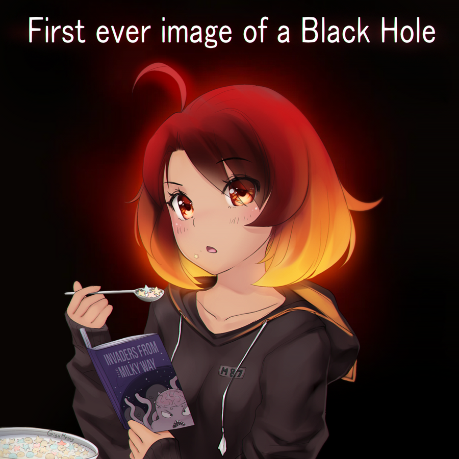 1girl ahoge black_hair black_hole blush book breasts casual cereal gigamessy holding holding_book holding_spoon hood hoodie long_hair looking_at_viewer m87_black_hole medium_breasts multicolored_hair open_mouth orange_eyes orange_hair original personification solo spoon upper_body