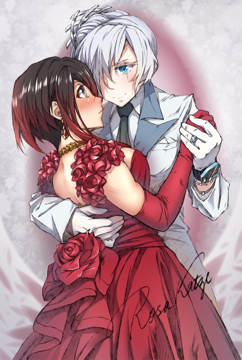 2girls artist_name bare_shoulders black_hair black_neckwear blue_eyes blush breasts cleavage cowboy_shot dress earrings elbow_gloves eye_contact eyebrows_visible_through_hair flower formal gloves grey_eyes hair_over_one_eye hand_holding highres jewelry large_breasts long_sleeves looking_at_another multicolored_hair multiple_girls necklace necktie profile red_dress red_gloves redhead ring rosa_katze rose ruby_rose rwby scar scar_across_eye short_hair signature silver_hair smile standing streaked_hair suit tied_hair watch watch weiss_schnee white_gloves white_hair white_suit yuri