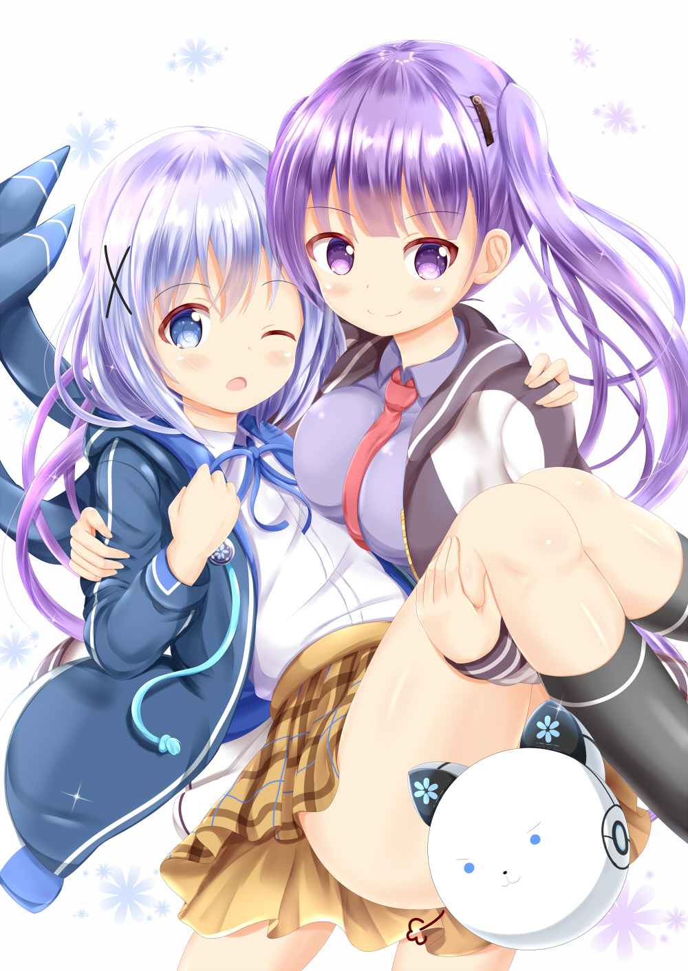 &gt;:) 2girls ;o black_legwear blue_eyes blue_hair blue_jacket blue_ribbon blush breasts brown_jacket brown_skirt carrying clockwork_rabbit closed_mouth collared_shirt commentary_request drawstring dress_shirt gochuumon_wa_usagi_desu_ka? gradient_hair hair_ornament hairclip hand_on_another's_shoulder highres hood hood_down hooded_jacket jacket kafuu_chino kneehighs large_breasts long_sleeves multicolored_hair multiple_girls neck_ribbon necktie one_eye_closed open_clothes open_jacket open_mouth plaid plaid_skirt pleated_skirt princess_carry purple_hair purple_shirt red_neckwear ribbon robot shirt skindentation skirt sleeves_past_wrists smile tedeza_rize twintails v-shaped_eyebrows violet_eyes white_shirt x_hair_ornament zenon_(for_achieve)