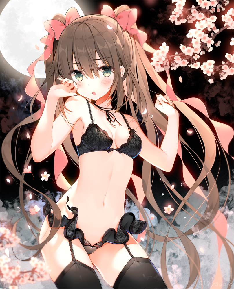 1girl :o bangs bare_arms bare_shoulders black_bra black_legwear black_panties blush bra breasts breasts_apart brown_hair cherry_blossoms collarbone commentary_request contrapposto cowboy_shot floating_hair frills frown full_moon furrowed_eyebrows garter_straps green_eyes hair_between_eyes hair_ribbon hands_up lingerie long_hair looking_at_viewer moon navel original panties parted_lips petals pink_ribbon ribbon sidelocks small_breasts solo standing stomach thigh-highs thighs tree twintails twitter_username underwear underwear_only very_long_hair yadapot