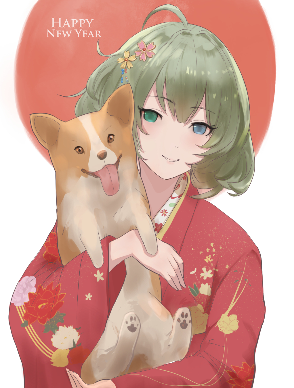 1girl antenna_hair arm_up bangs blue_eyes blunt_bangs blush dog eyebrows_visible_through_hair floral_print green_eyes green_hair hair_between_eyes happy_new_year heterochromia highres holding_dog idolmaster idolmaster_cinderella_girls japanese_clothes kimono looking_at_viewer mole mole_under_eye new_year red_sun rurikosu short_hair simple_background smile takagaki_kaede traditional_clothes upper_body white_background yukata