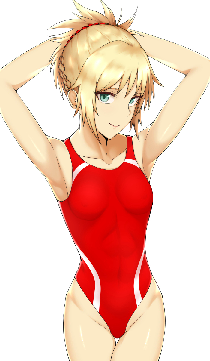 1girl :&gt; arms_behind_head arms_up bare_arms bare_shoulders blonde_hair braid breasts collarbone commentary_request eyebrows_visible_through_hair fate/apocrypha fate_(series) green_eyes hair_between_eyes hair_ornament hair_scrunchie highres looking_at_viewer mordred_(fate)_(all) mordred_(swimsuit_rider)_(fate) one-piece_swimsuit oribe_(nopear) ponytail red_scrunchie red_swimsuit scrunchie simple_background small_breasts smile solo swimsuit white_background