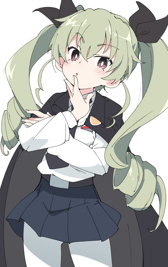 1girl :o anchovy anzio_school_uniform black_cape black_neckwear black_ribbon black_skirt brown_eyes cape drill_hair eyebrows_visible_through_hair girls_und_panzer green_hair hair_ribbon ixy long_hair long_sleeves looking_at_viewer necktie pantyhose pleated_skirt ribbon school_uniform simple_background skirt solo twin_drills twintails white_background white_legwear