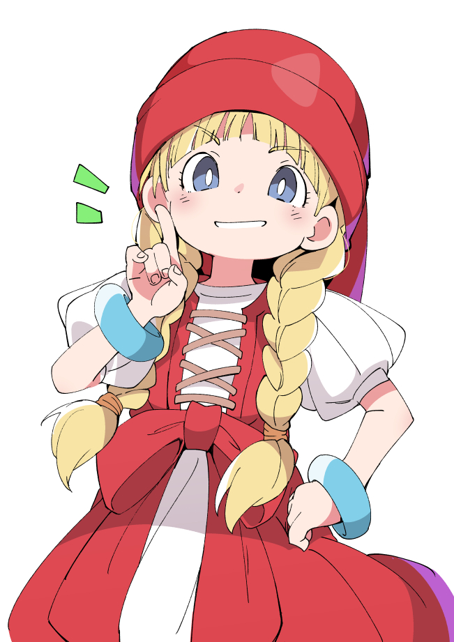 1girl blonde_hair blue_eyes bracelet braid dragon_quest dragon_quest_xi eyebrows_visible_through_hair hand_on_hip hat index_finger_raised ixy jewelry long_hair looking_at_viewer red_headwear simple_background solo twin_braids veronica_(dq11) white_background