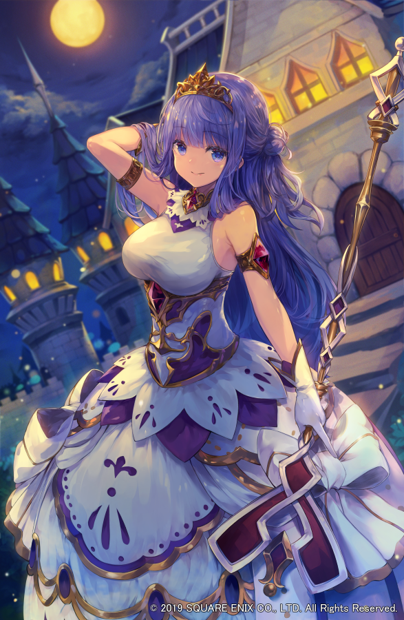 1girl arm_up bangs bare_shoulders breasts castle character_request cinderella_(grimms_echoes) closed_mouth clouds commentary_request dress dutch_angle eyebrows_visible_through_hair full_moon gloves grimms_echoes hair_between_eyes hair_bun holding holding_staff large_breasts long_hair looking_at_viewer moon night night_sky official_art outdoors purple_hair roll_okashi sky sleeveless sleeveless_dress smile solo staff stairs stone_stairs tiara tower very_long_hair violet_eyes watermark white_dress white_gloves window