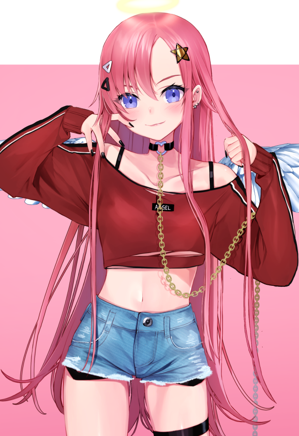 1girl angel_wings bangs black_choker black_nails blush bra_strap breasts buttons chains choker collarbone commentary_request cowboy_shot crop_top cutoffs denim denim_shorts ear_piercing exposed_pocket feathered_wings hair_ornament hands_up komazuki_(komaworks240) long_hair long_sleeves looking_at_viewer medium_breasts midriff nail_polish navel off_shoulder original piercing pink_background pink_hair red_shirt shirt short_shorts shorts sidelocks smile solo standing star star_hair_ornament stomach thigh_strap thighs torn_clothes torn_shirt very_long_hair violet_eyes wings