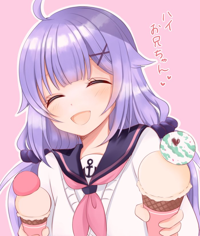 1girl :d ^_^ ahoge anchor_symbol azur_lane black_sailor_collar blush closed_eyes closed_eyes double_scoop facing_viewer food hair_flaps hair_ornament hair_scrunchie heart holding holding_food ice_cream ice_cream_cone long_hair neckerchief open_mouth outline pink_background pink_neckwear purple_hair purple_scrunchie sailor_collar sakura_(ichisakupink) school_uniform scrunchie serafuku shirt smile solo sweater translation_request unicorn_(amusement_park_date)_(azur_lane) unicorn_(azur_lane) upper_body white_outline white_shirt white_sweater x_hair_ornament