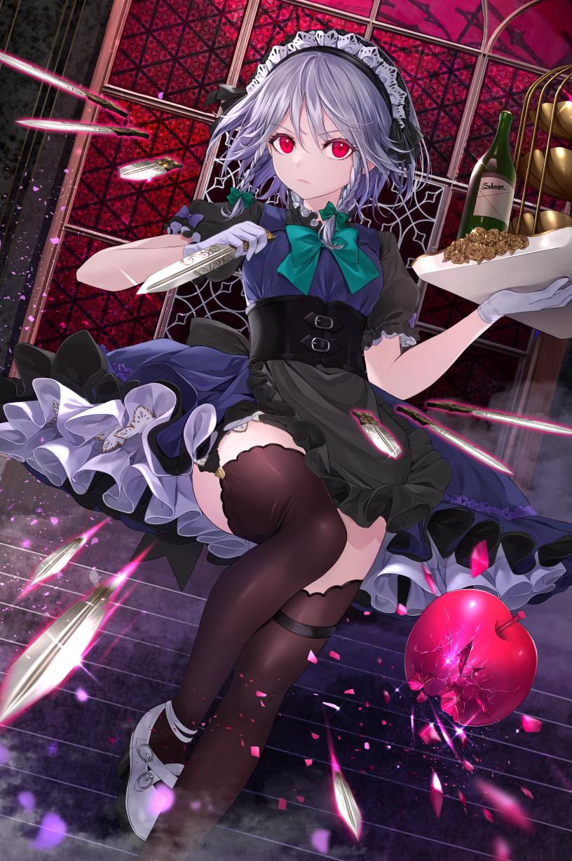 1girl alcohol apple apron aqua_neckwear bangs bottle bow bowtie braid brown_legwear dagger dress dutch_angle expressionless floating floating_object food frilled_apron frilled_dress frills fruit highres holding holding_dagger holding_tray holding_weapon indoors izayoi_sakuya jpeg_artifacts komazuki_(komaworks240) leg_up looking_at_viewer maid_apron maid_headdress motion_blur puffy_short_sleeves puffy_sleeves purple_dress red_eyes shatter shoes short_hair short_sleeves sidelocks silver_hair solo standing standing_on_one_leg thigh-highs thigh_strap tiered_tray touhou tray underbust v-shaped_eyebrows waist_apron weapon white_footwear
