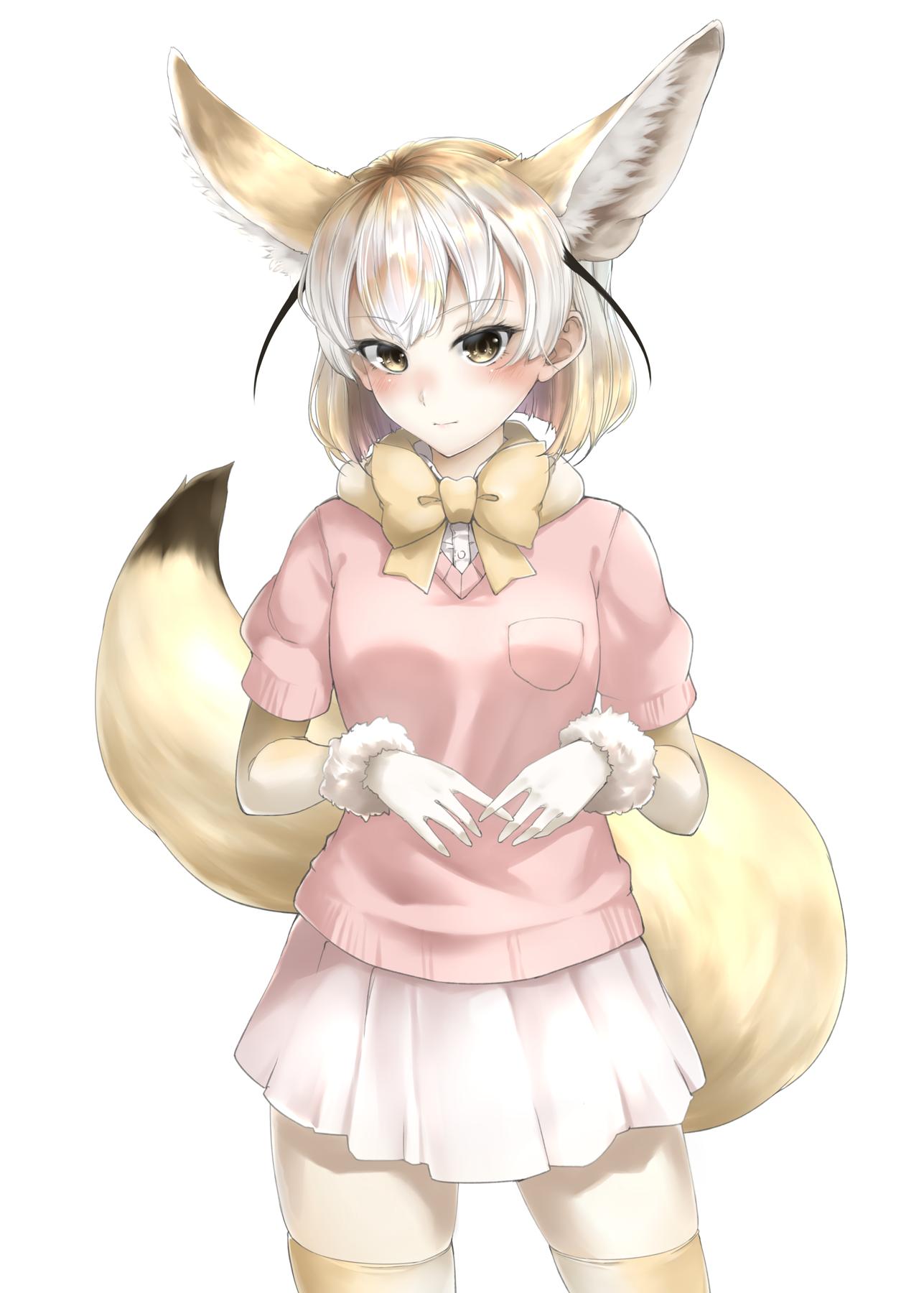 1girl animal_ear_fluff animal_ears blonde_hair blush bow bowtie commentary_request cowboy_shot elbow_gloves extra_ears eyebrows_visible_through_hair fennec_(kemono_friends) fox_ears fox_tail gloves gradient_hair highres kemono_friends looking_at_viewer multicolored_hair p_rosu pink_sweater short_hair short_sleeves simple_background skirt solo sweater tail thigh-highs white_background white_gloves white_hair white_skirt yellow_eyes yellow_legwear yellow_neckwear zettai_ryouiki