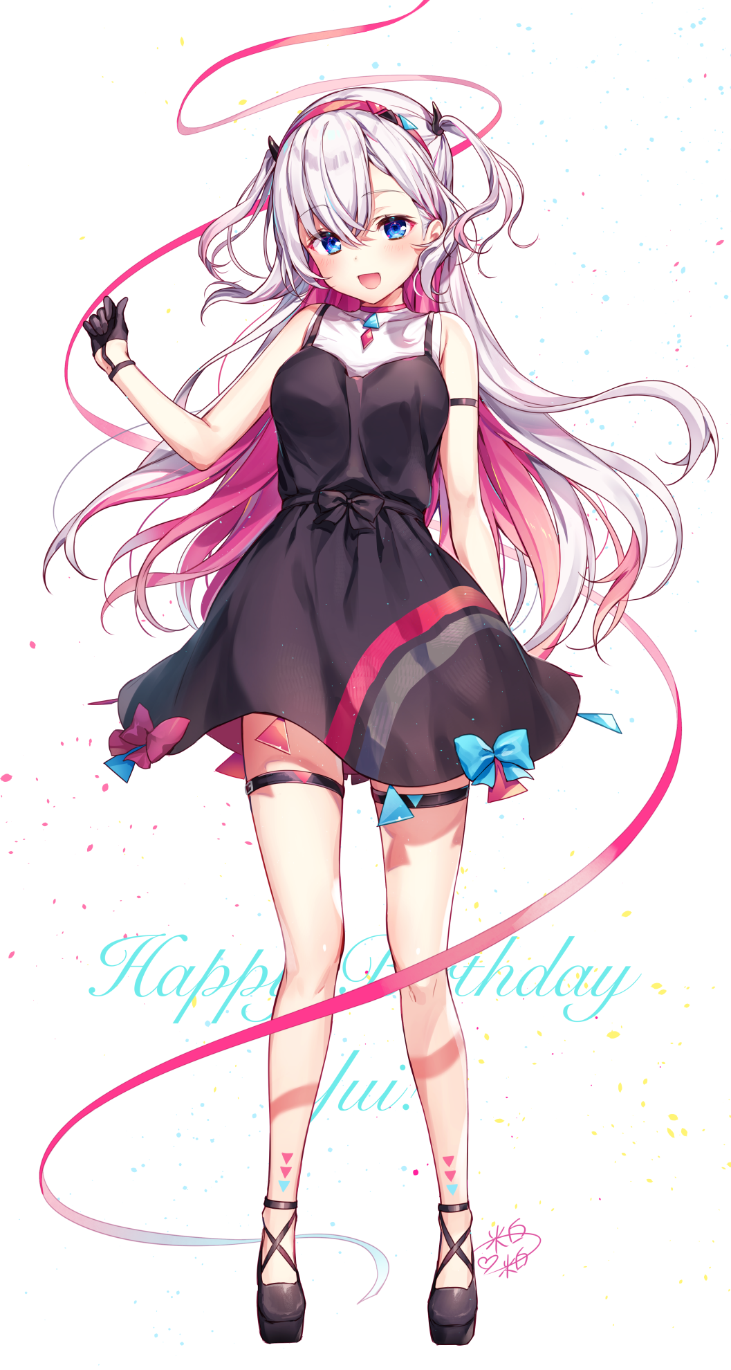 1girl :d arm_strap bangs bare_arms bare_legs bare_shoulders black_dress black_footwear black_gloves blue_eyes blush breasts collarbone collarbone_visibile_through_clothes cursive dress full_body gloves hair_between_eyes hairband hand_up happy_birthday heart highres komeshiro_kasu long_hair looking_at_viewer medium_breasts multicolored_hair musubime_yui official_art open_mouth pink_hair pink_ribbon ribbon saikyou_virtual_talent_audition shoes signature sleeveless sleeveless_dress smile solo standing thigh_strap thighs two-tone_hair two_side_up virtual_youtuber white_background white_hair