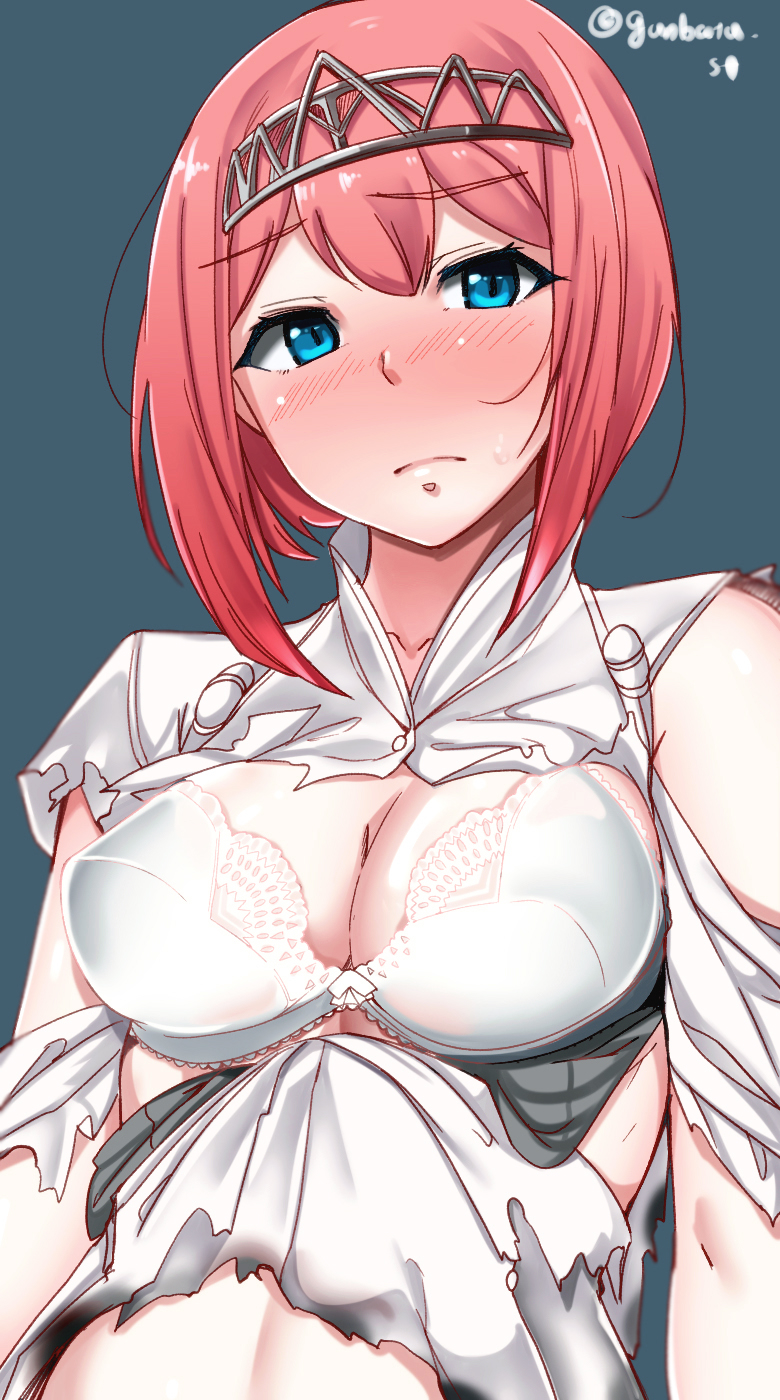 1girl ark_royal_(kantai_collection) bangs blue_eyes blunt_bangs blush bob_cut bra breasts chirashi_(so) cleavage commentary_request grey_background hairband highres kantai_collection looking_at_viewer medium_breasts redhead short_hair simple_background solo tiara torn_clothes twitter_username underwear upper_body white_bra