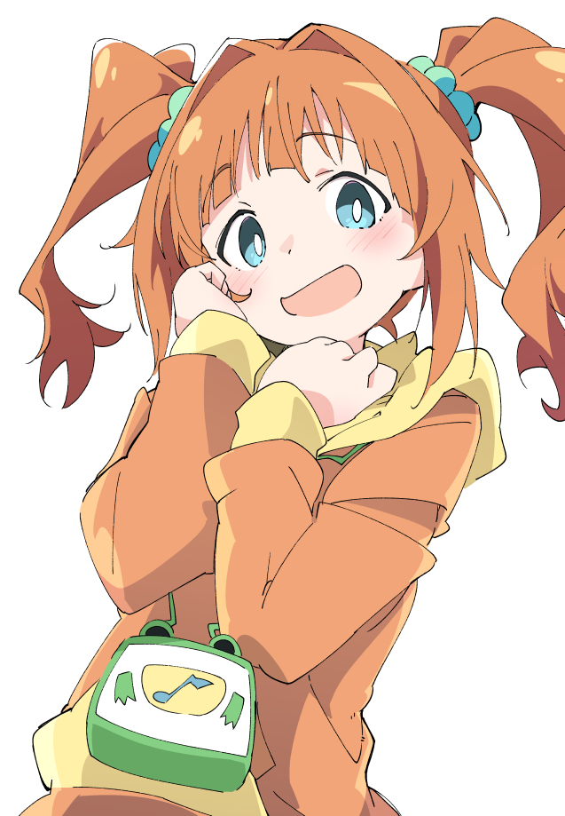 1girl :d bag bangs blue_eyes blush eyebrows_visible_through_hair hair_intakes hair_ornament hair_scrunchie handbag hands_up hood hood_down hoodie idolmaster idolmaster_(classic) ixy long_hair long_sleeves looking_at_viewer open_mouth orange_hair orange_hoodie scrunchie short_hair simple_background smile solo takatsuki_yayoi twintails upper_body white_background