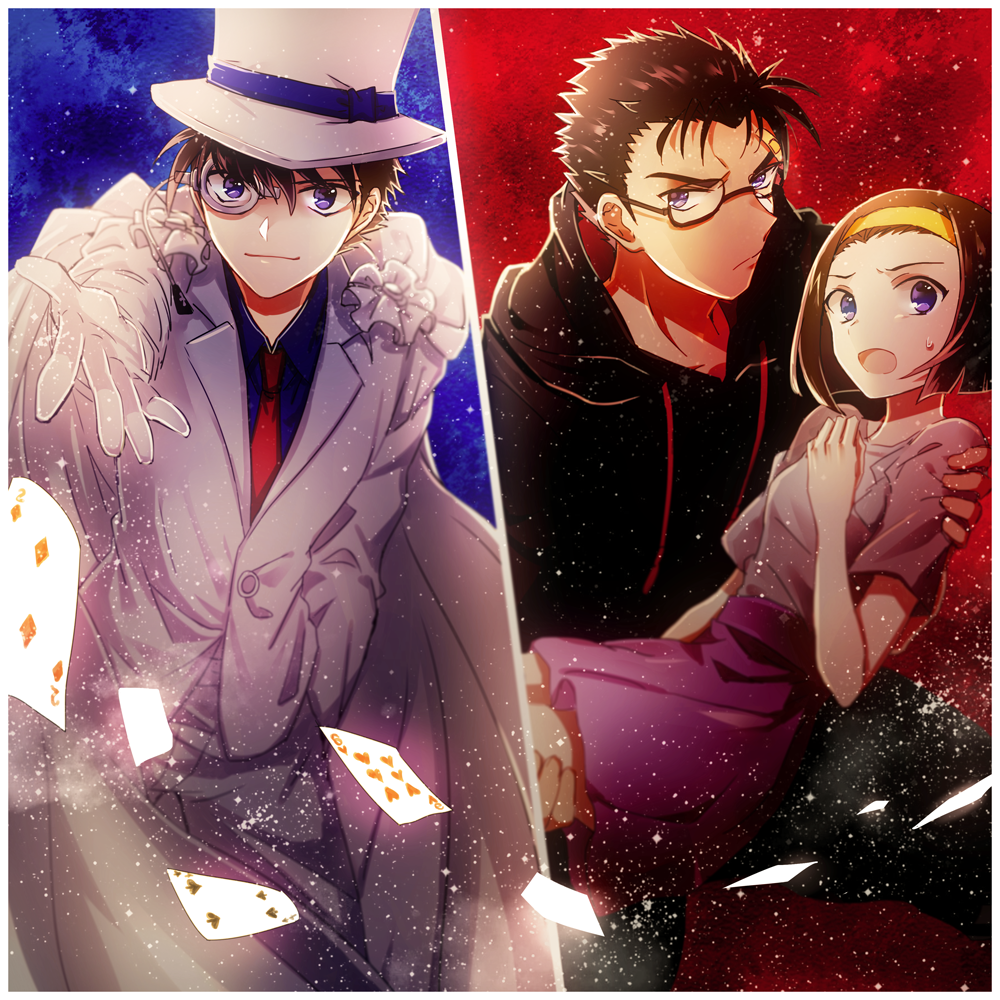 black_background black_hair black_hoodie blue_eyes blue_shirt brown_hair cape card commentary_request dress glasses gloves hairband hat holding holding_another hood hoodie jacket kaitou_kid kyougoku_makoto long_sleeves looking_at_viewer meitantei_conan monocle necktie noru_(lila2) pink_dress playing_card red_background red_neckwear shirt short_hair short_sleeves suzuki_sonoko sweatdrop violet_eyes white_cape white_gloves white_headwear white_jacket yellow_hairband