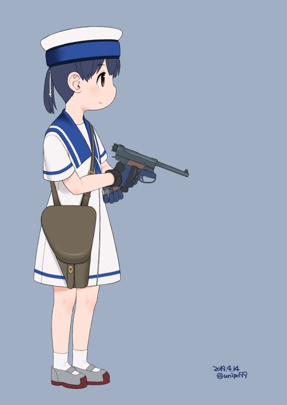 1girl black_gloves black_hair blue_background blue_sailor_collar brown_eyes dated dress full_body gloves gun handgun harukaze_unipo hat hiburi_(kantai_collection) holster kantai_collection low_ponytail nambu_pistol nambu_type_14 sailor_collar sailor_dress sailor_hat shoes short_hair short_sleeves simple_background socks solo standing twitter_username uwabaki weapon white_dress white_legwear