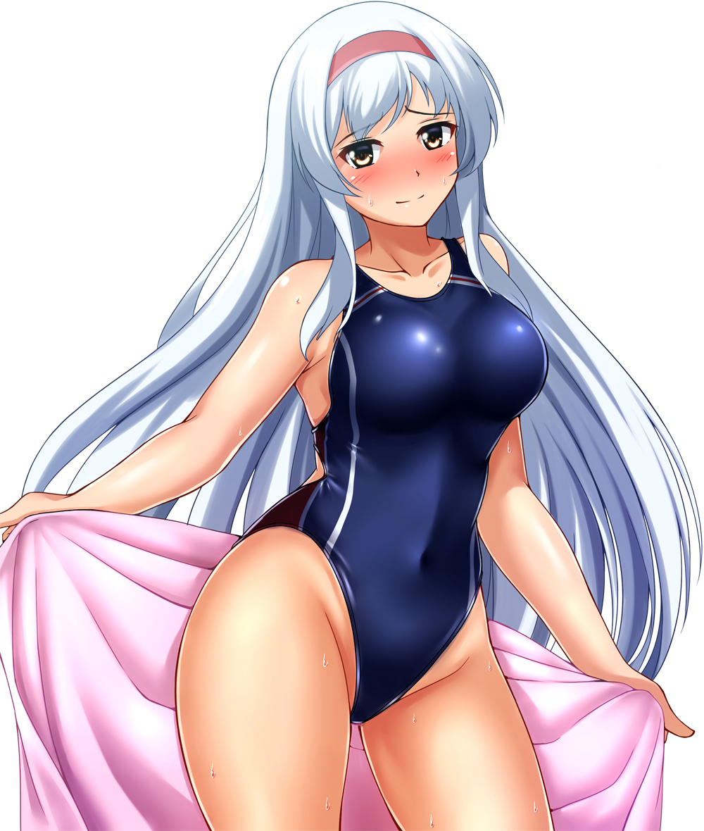 1girl blue_swimsuit blush breasts collarbone commentary_request competition_swimsuit covered_navel cowboy_shot eyebrows_visible_through_hair hair_between_eyes hairband highleg highleg_swimsuit holding holding_towel kantai_collection large_breasts long_hair looking_at_viewer nose_blush one-piece_swimsuit shiny shiny_clothes shiny_swimsuit shoukaku_(kantai_collection) silver_hair simple_background smile solo standing sweatdrop swimsuit towel wet white_background white_hair yellow_eyes zanntetu
