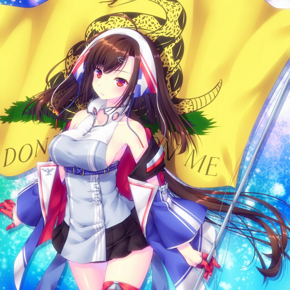 1girl ahoge anchor anchor_hair_ornament arm_up azur_lane belt black_hair breasts collarbone commentary flag gloves hair_ornament hairclip headband independence_(azur_lane) jacket long_hair looking_at_viewer medium_breasts mikoto_(mikoto_r_a) ponytail red_eyes red_gloves sleeveless solo