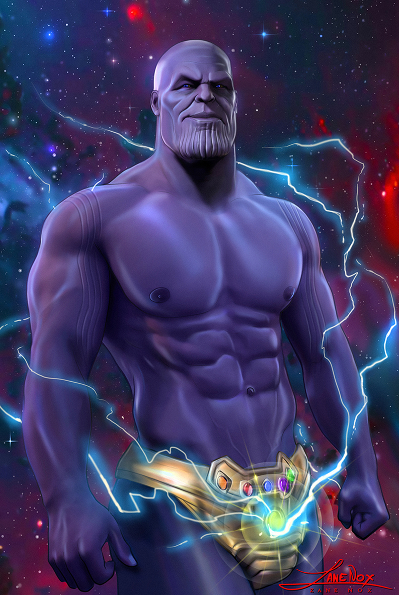 1boy artist_name bald blue_eyes briefs closed_mouth codpiece cowboy_shot deviantart_username electricity gem male_focus marvel muscle night night_sky nipples signature sky solo standing star_(sky) starry_sky thanos twitter_username underwear zanenox