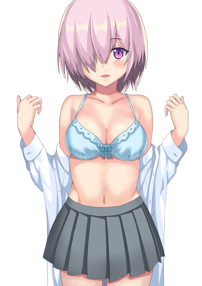 1girl bare_shoulders blue_bra blush bow_bra bra breasts cleavage collarbone dress_shirt fate/grand_order fate_(series) grey_skirt hair_over_one_eye lavender_hair looking_at_viewer mash_kyrielight medium_breasts navel off_shoulder open_clothes open_mouth open_shirt parted_lips pleated_miniskirt pleated_skirt ryuunonon shielder_(fate/grand_order) shirt short_hair simple_background skirt smile solo type-moon underwear undressing violet_eyes white_background