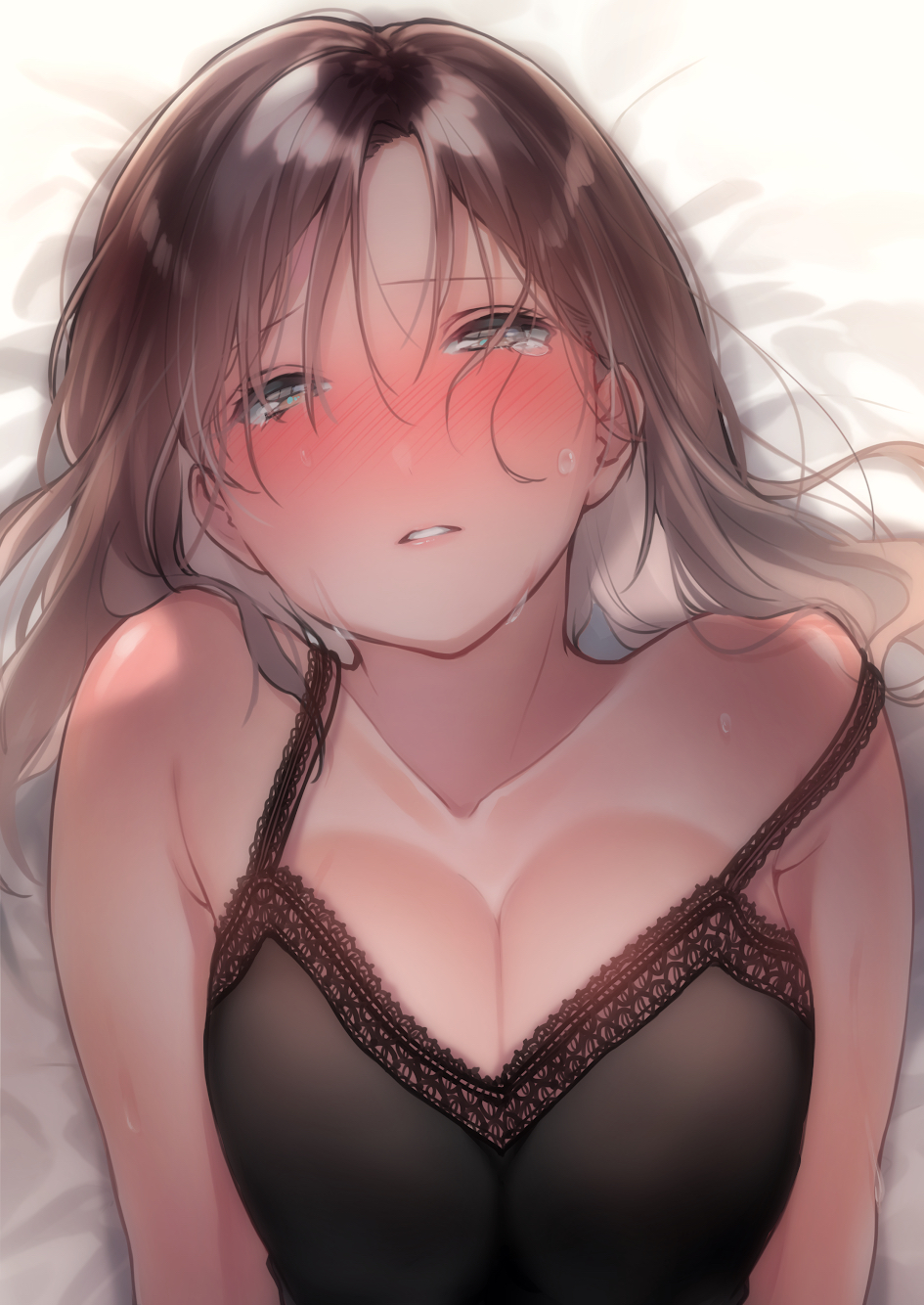 1girl armpit_crease bangs bare_shoulders bed_sheet blush breasts brown_eyes brown_hair cleavage collarbone commentary_request half-closed_eyes highres large_breasts lingerie long_hair looking_at_viewer lying negligee nose_blush on_back original parted_lips rinku_(rin9) solo strap_slip sweat tearing_up tears underwear upper_body
