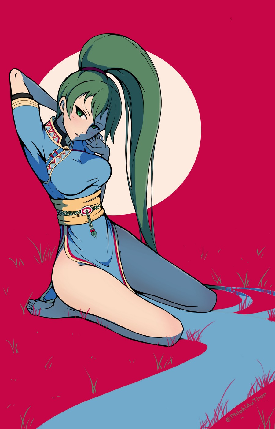 1girl arm_up armpits bare_legs barefoot blue_dress breasts dress earrings fire_emblem fire_emblem:_rekka_no_ken full_body grass green_eyes green_hair head_tilt highres jewelry long_hair looking_at_viewer lyndis_(fire_emblem) medium_breasts nintendo parted_lips pelvic_curtain phiphi-au-thon ponytail red_background sash short_sleeves side_slit sitting solo stretch thighs turtleneck wariza