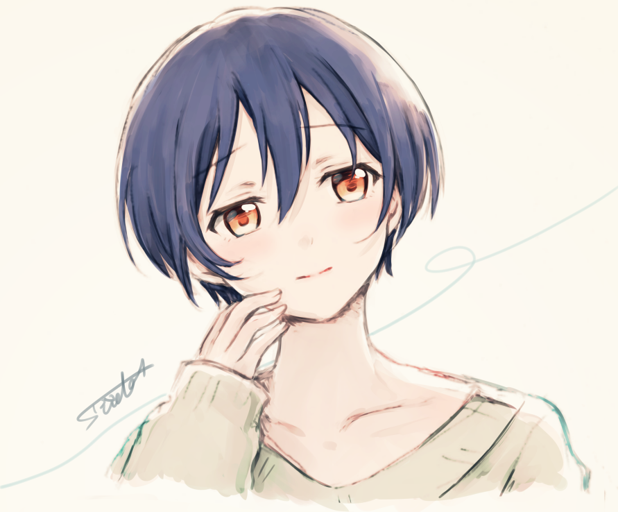 1girl alternate_hair_length alternate_hairstyle bangs blue_hair blush closed_mouth commentary_request eyebrows_visible_through_hair hair_between_eyes head_tilt long_sleeves looking_at_viewer love_live! love_live!_school_idol_project portrait short_hair signature simple_background smile solo sonoda_umi suito white_background yellow_eyes