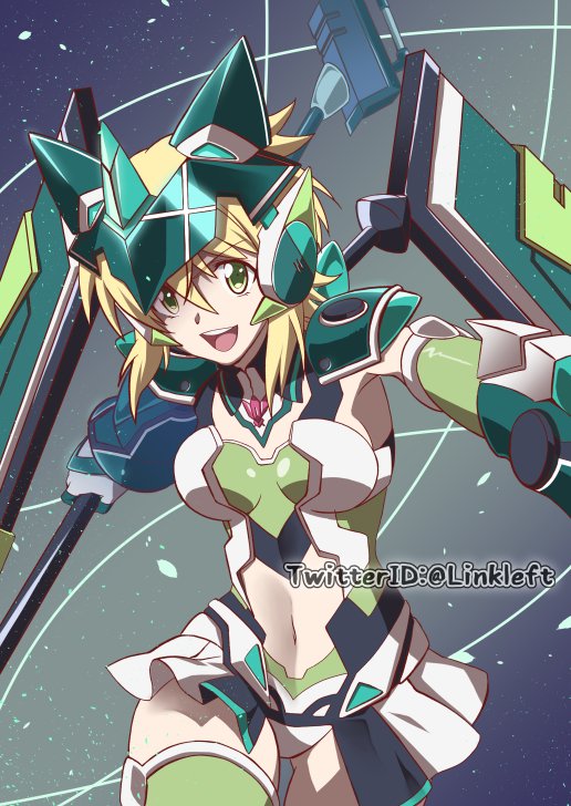 1girl akatsuki_kirika alternate_costume blonde_hair breasts commentary_request elbow_gloves gauntlets gloves green_eyes green_legwear headgear leotard link_(aa30) looking_at_viewer medium_breasts navel navel_cutout open_mouth scythe senki_zesshou_symphogear senki_zesshou_symphogear_xd_unlimited short_hair shoulder_armor skirt smile solo standing teeth thigh-highs