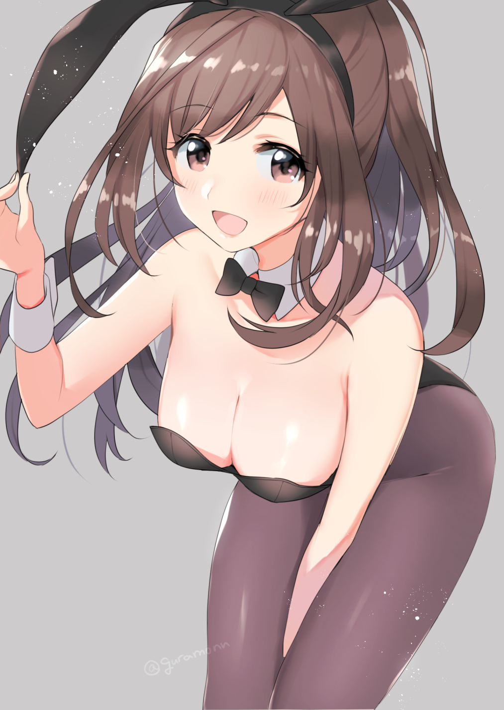 1girl animal_ears bent_over black_legwear black_leotard black_neckwear bow bowtie breasts brown_eyes brown_hair bunny_girl bunnysuit cleavage cowboy_shot detached_collar guramon highres idolmaster idolmaster_shiny_colors large_breasts leaning_forward leotard long_hair looking_at_viewer open_mouth pantyhose rabbit_ears smile solo strapless strapless_leotard tsukioka_kogane wrist_cuffs