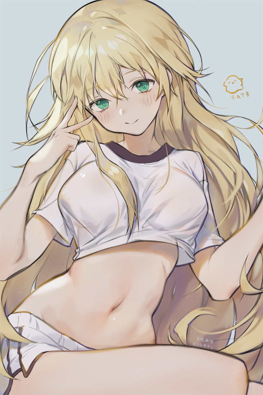 1girl blonde_hair blush boyshorts breasts character_name crop_top crop_top_overhang girls_frontline green_eyes grey_background hand_up hands_up head_tilt highres large_breasts long_hair looking_at_viewer midriff minncn navel s.a.t.8_(girls_frontline) shirt short_sleeves shorts smile solo stomach thighs v very_long_hair white_shirt white_shorts