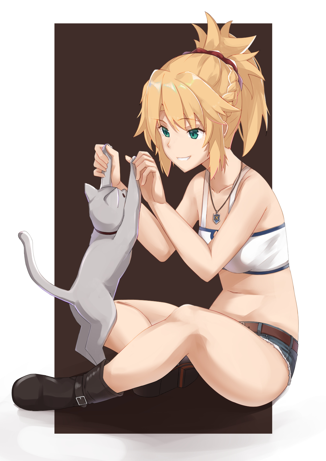 1girl animal bare_arms bare_shoulders belt black_background black_footwear blonde_hair braid breasts brown_belt cat eyebrows_visible_through_hair fate/grand_order fate_(series) green_eyes hair_ornament hair_scrunchie highres kusubii long_hair mordred_(fate) mordred_(fate)_(all) navel ponytail red_scrunchie scrunchie shoes short_shorts shorts simple_background sitting small_breasts smile solo teeth two-tone_background white_background