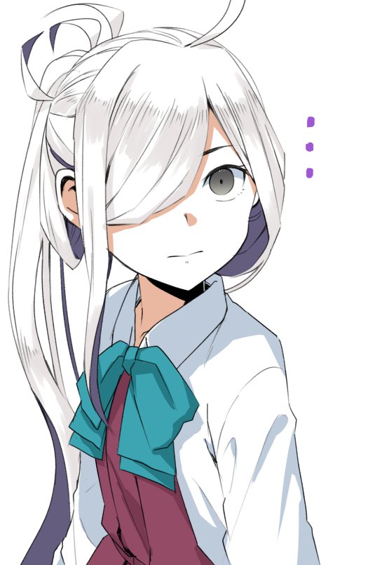 ... 1girl ahoge asashimo_(kantai_collection) bow bowtie close-up commentary_request gradient_hair grey_eyes hair_over_one_eye halterneck kantai_collection long_hair moti_coi multicolored_hair ponytail school_uniform shirt silver_hair simple_background solo upper_body white_background white_shirt