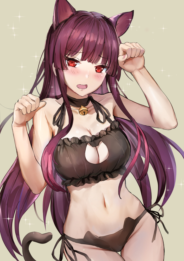 1girl animal_ears bangs bell bell_choker black_panties blush bra breasts cat_cutout cat_ear_panties cat_ears cat_lingerie choker cleavage cleavage_cutout commentary_request eyebrows_visible_through_hair girls_frontline jingle_bell large_breasts long_hair looking_at_viewer meme_attire navel panties purple_hair qian_wu_atai red_eyes ribbon side-tie_panties solo tail thighs underwear underwear_only very_long_hair wa2000_(girls_frontline)