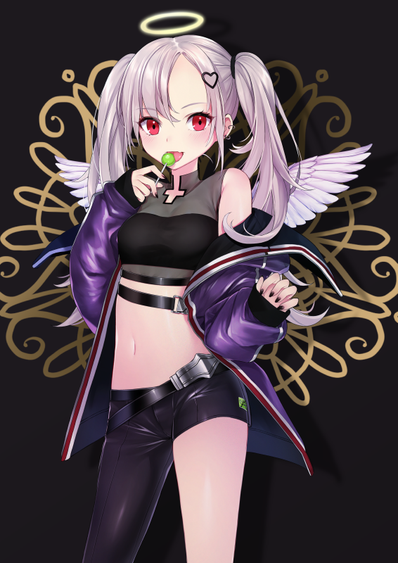 1girl :d angel_wings asymmetrical_clothes bangs bare_shoulders belt black_nails black_pants black_shirt candy contrapposto cowboy_shot crop_top ear_piercing fang feathered_wings fine_fabric_emphasis food hair_ornament halo hand_up heart heart_hair_ornament holding_lollipop jacket komazuki_(komaworks240) lollipop long_hair long_sleeves looking_at_viewer midriff nail_polish navel off_shoulder open_clothes open_jacket open_mouth original pants piercing purple_jacket red_eyes shadow shirt sidelocks silver_hair single_pantsleg sleeveless sleeveless_shirt sleeves_past_wrists smile solo standing stomach thighs twintails wings