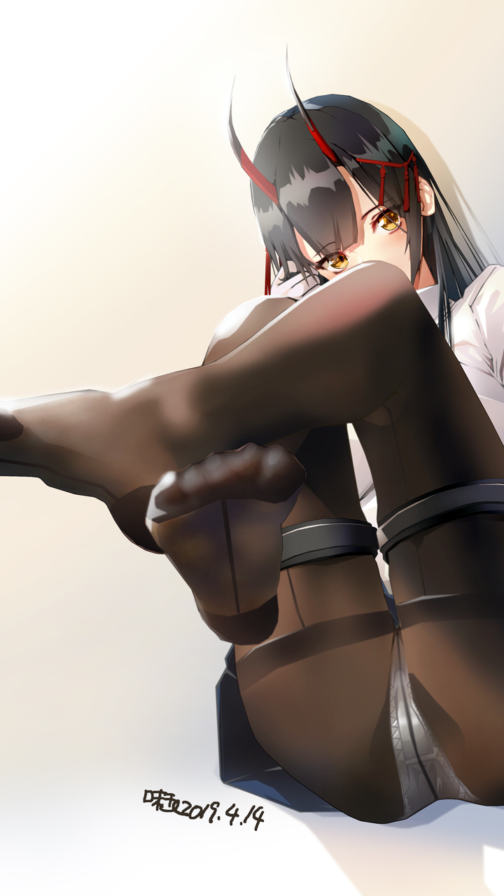 1girl azitama_atsushi_(attyuu) azur_lane black_hair blue_skirt blush breasts brown_legwear covered_mouth feet feet_up gloves hair_between_eyes hair_ornament head_tilt highres horns large_breasts long_hair looking_at_viewer oni_horns pantyhose pleated_skirt ribbon school_uniform shirt sitting skirt solo suzuya_(azur_lane) thigh_strap thighband_pantyhose uniform white_gloves white_shirt yellow_eyes