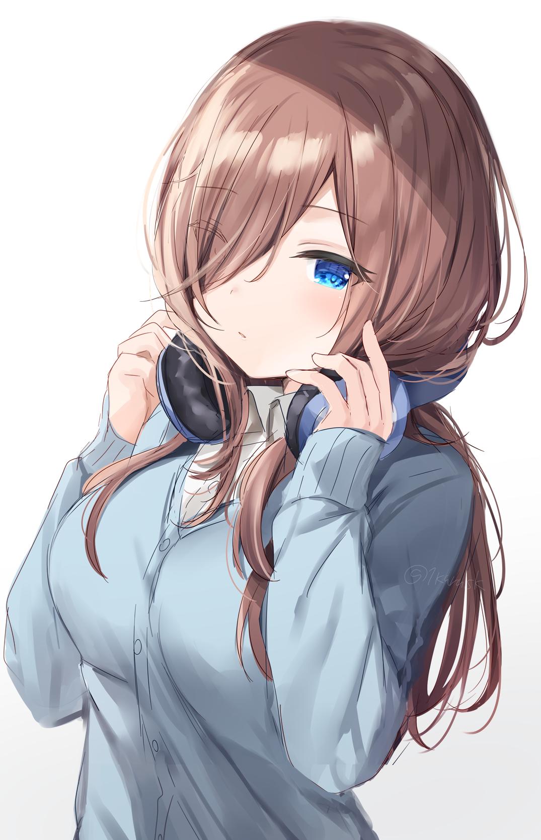 1girl bangs blue_cardigan blue_eyes blush brown_hair cardigan collared_shirt commentary_request dress_shirt eyebrows_visible_through_hair eyes_visible_through_hair go-toubun_no_hanayome gradient gradient_background grey_background hair_over_one_eye hands_on_headphones hands_up headphones headphones_around_neck highres long_hair long_sleeves looking_at_viewer mafuyu_(chibi21) nakano_miku parted_lips shirt sleeves_past_wrists solo twitter_username upper_body very_long_hair white_background white_shirt