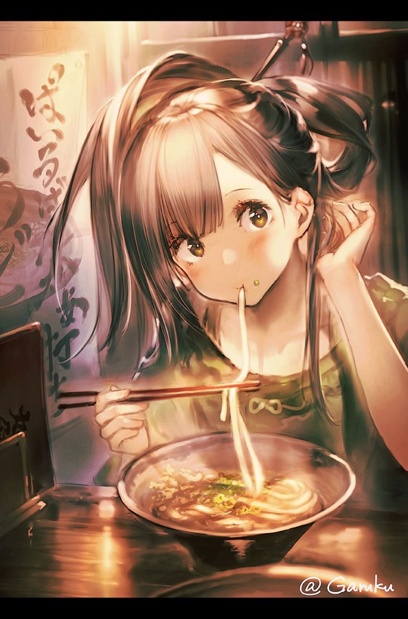 1girl bangs blouse blush brown_eyes brown_hair chopsticks eating flower food garuku green_blouse hair_flower hair_ornament hair_stick hair_tucking head_tilt holding holding_chopsticks letterboxed noodles oshiro_project_re ramen sidelocks sitting solo table twitter_username upper_body violet_eyes yanaginogosho_(oshiro_project)