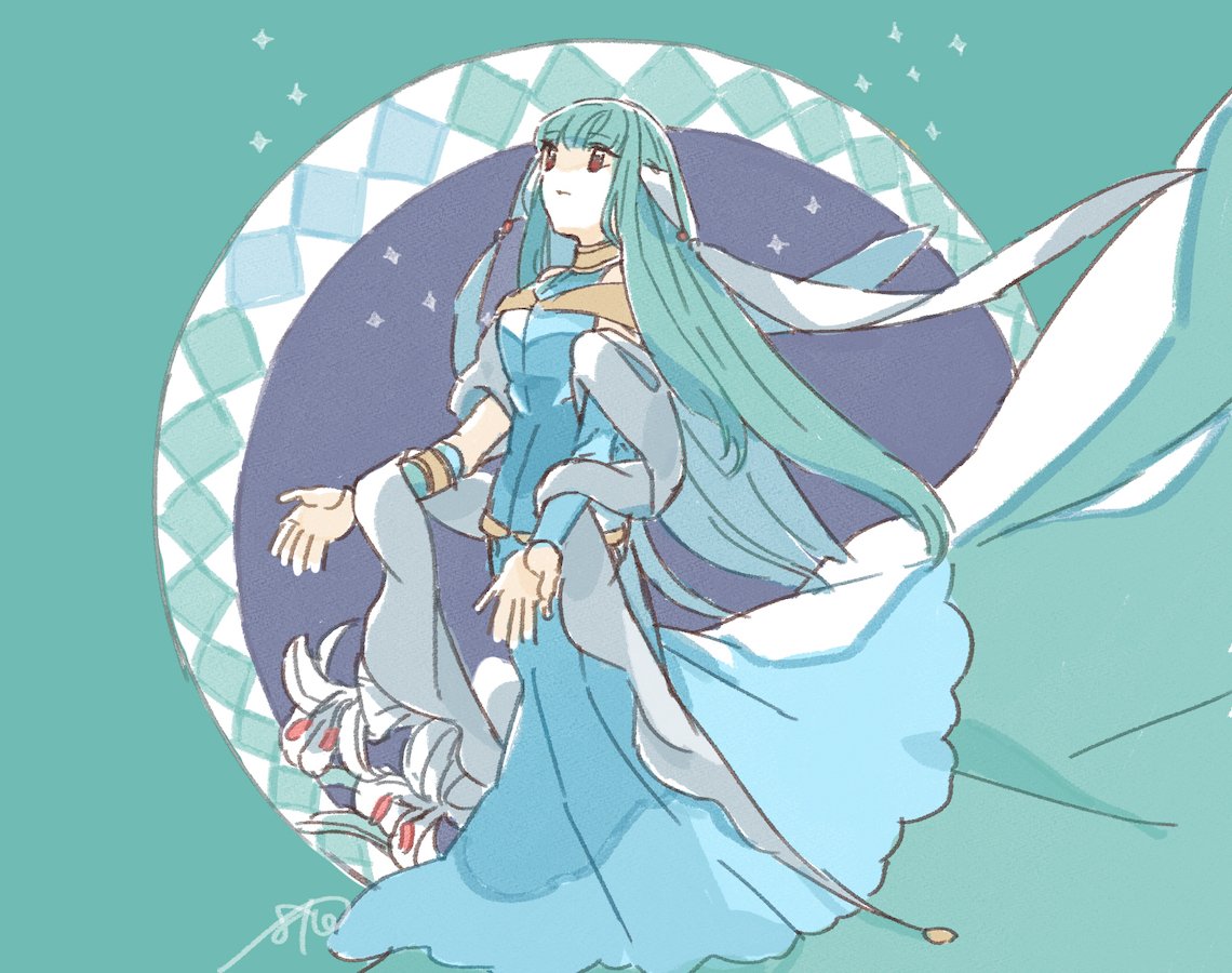 1girl bare_shoulders blue_hair cape dress fire_emblem fire_emblem:_rekka_no_ken full_body hair_ornament long_hair mamkute murabito_ba ninian nintendo red_eyes simple_background solo veil