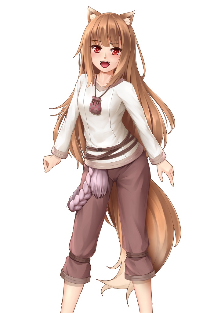 1girl animal_ear_fluff animal_ears brown_hair collarbone commentary_request eyebrows_visible_through_hair fangs holo kirishima_itsuki long_hair looking_at_viewer open_mouth pants pouch red_eyes shirt simple_background solo spice_and_wolf standing tail wolf_ears wolf_tail