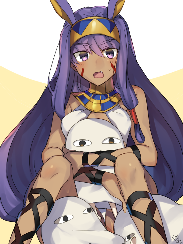 1girl animal_ears bare_shoulders blush facial_mark fang fate/grand_order fate_(series) hair_between_eyes jackal_ears long_hair medjed nikame nitocris_(fate/grand_order) purple_hair sidelocks solo spread_legs sweatdrop tan violet_eyes