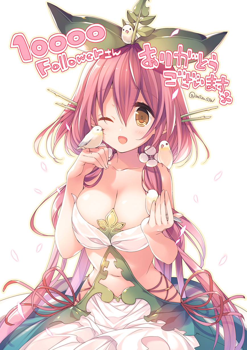 1girl ;d animal bangs bare_shoulders bird blush breasts brown_eyes cleavage collarbone followers granblue_fantasy hair_between_eyes hair_ornament hand_up highres hits large_breasts leaf long_hair looking_at_viewer mizuno_(suisuiw) navel one_eye_closed open_mouth petals plant_girl purple_hair quad_tails revealing_clothes sidelocks smile solo twitter_username upper_body very_long_hair white_background yggdrasil_(granblue_fantasy)